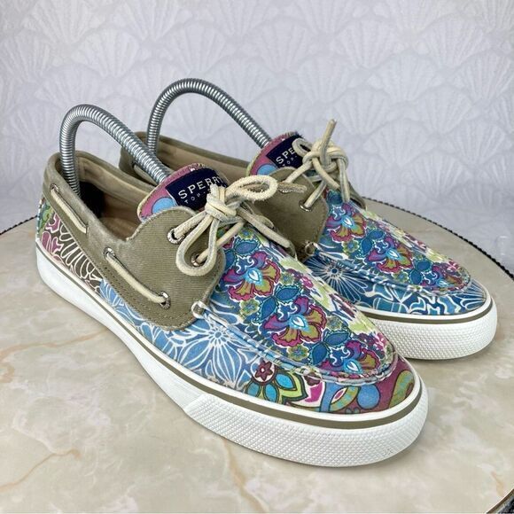 Sperry Shoes Women 8.5 Blue Purple Floral Print Bahama Casual Slipon Boat Loafer - Picture 3 of 10
